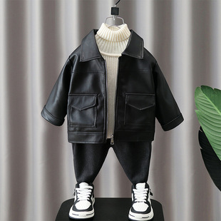 Boys' 2024 spring and autumn leather jacket new children's motorcycle style leather jacket baby lapel top fashionable