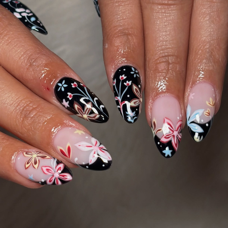 Black background with floral patterns, long almond-shaped press-on nails, color-blocked French floral nail art, sweet and cool retro-style fake nails, wholesale Black background with floral patterns, long almond-shaped press-on nails, color-blocked French floral nail art, sweet and cool retro-style fake nails, wholesale