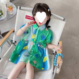 绿色伴侣衬衫裙韩版夏季印花女童网红油画风洋气甜美衬衫裙子