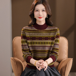 年轻款时尚条纹针织衫洋气半高领毛衣秋冬新款打底衫电脑提花毛衣，女装针织衫/毛衣，妃慕昵服饰