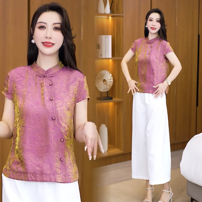 新しい中国風の女性の半袖スタンドカラーチャイナスタイルシャツトップ薄い女性のファッショナブルなTシャツ偏心ボトムシャツ大きいサイズ|undefined