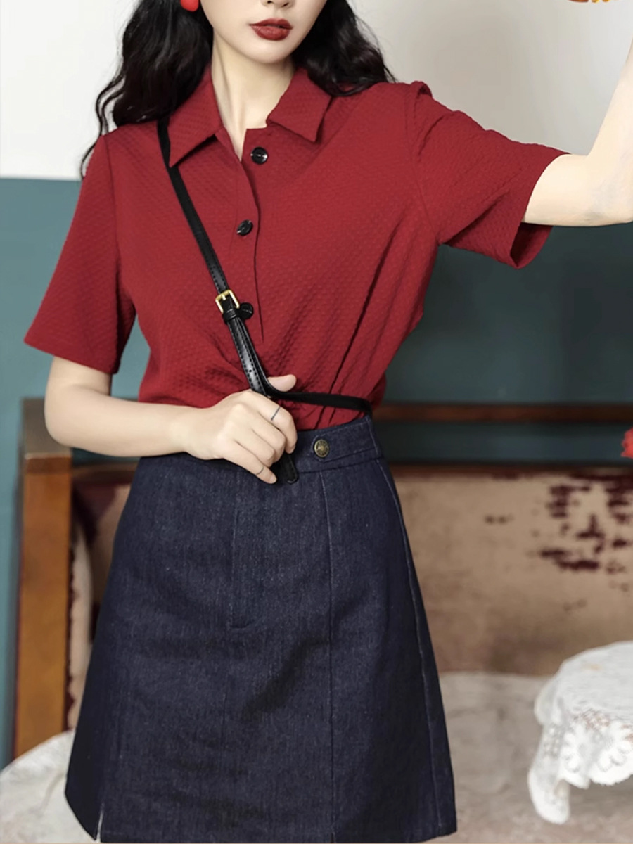 Áo thun nữ cổ POLO phong cách Hồng Kông, form rộng ống đứng, tay ngắn mùa hè — Đỏ anh đào