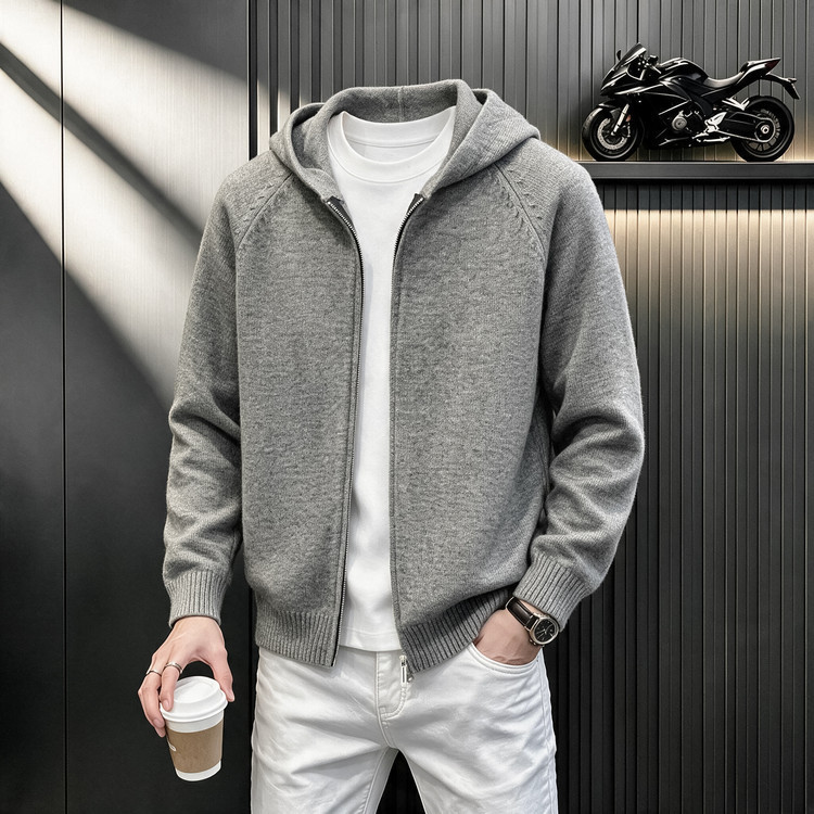 Autumn men's hooded sweatshirt, knitted cardigan, casual loose-fit sweater, versatile outerwear, business long-sleeve jacket