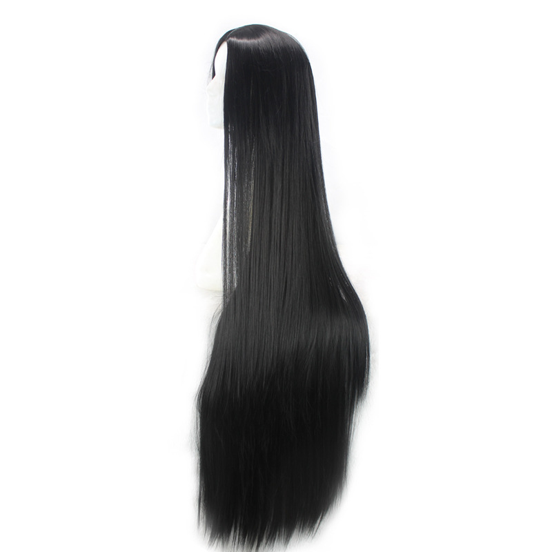 Parrucca da donna in stile europeo-americano, lunga, nera, con riga centrale, liscia e dall'aspetto realistico, realizzata in fibra sintetica di seta resistente alle alte temperature._voghion.com