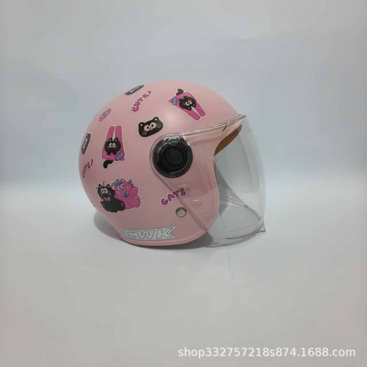 Baby Electric Motorcycle | Motuoche Motosiklet kaskı (dəbilqə) - peach-pink-black-pink-cat-transparent-long-visor-3c-children-1-6-years-old-wl07