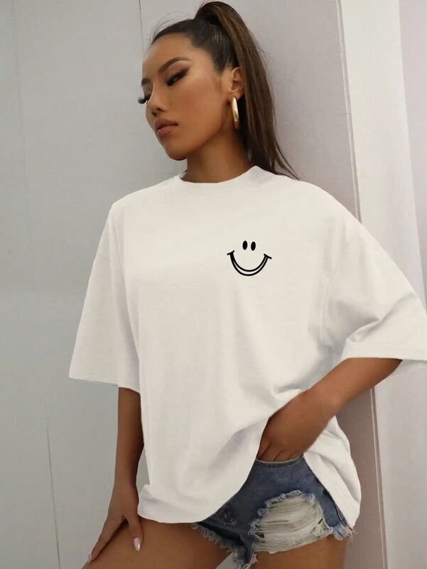 Happy Expression Print Women's Cotton Short-Sleeve Street Hip-Hop T-Shirt Breathable Top with Round Neck