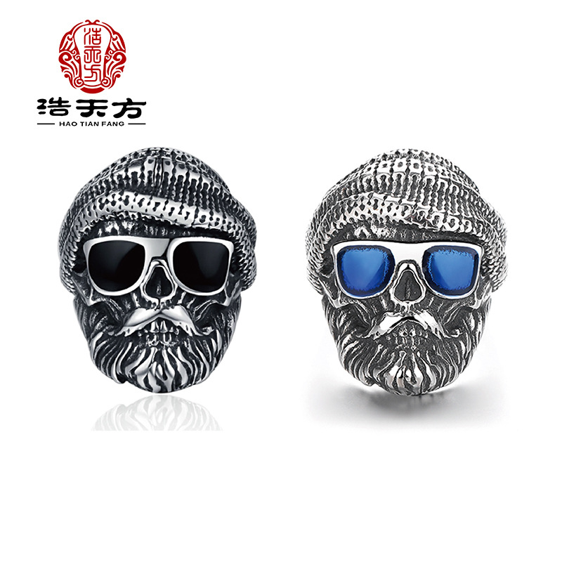 European and American Retro Non-Fading Skull Head-Wearing Sunglasses Ring Men's Hip-Hop Punk Handsome Domineering Ring Unique Sense