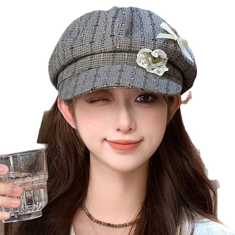 韩版秋季爱心蕾丝蝴蝶结格子贝雷帽子女甜美文艺百搭高级感画家帽|undefined