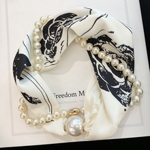 珍珠链条磁吸扣丝巾女韩版春夏季薄款护颈装饰吊坠领巾黑白小围巾