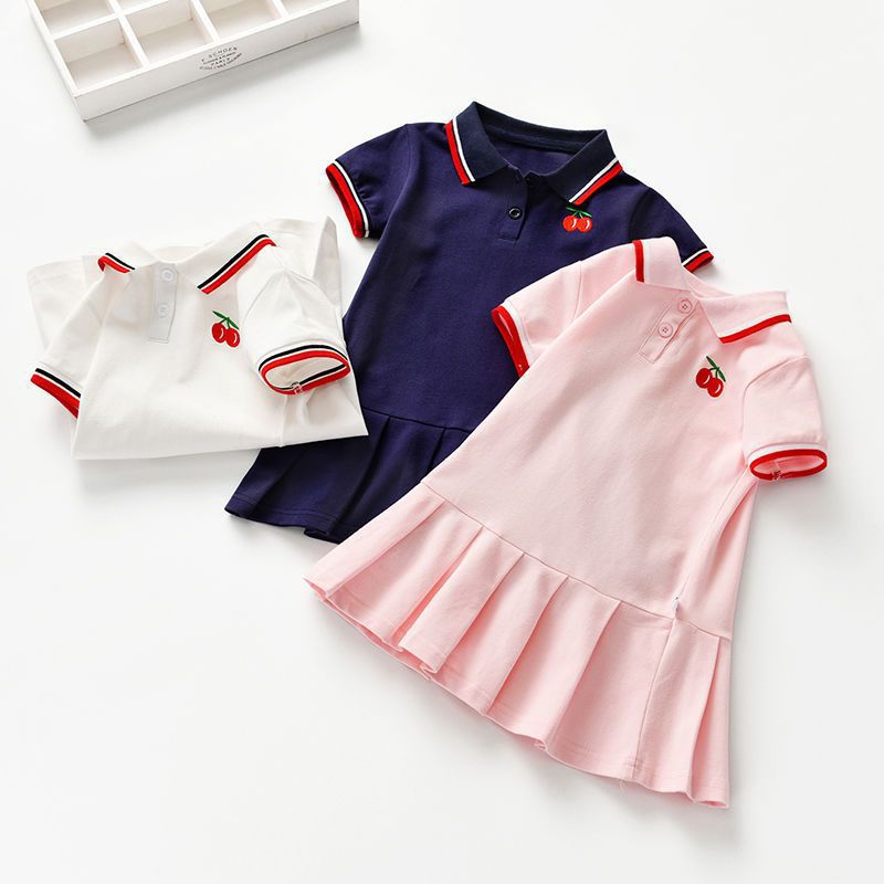 [Combed cotton] Girls' short-sleeved polo dress, 2025 summer preppy style, embroidered pleated skirt
