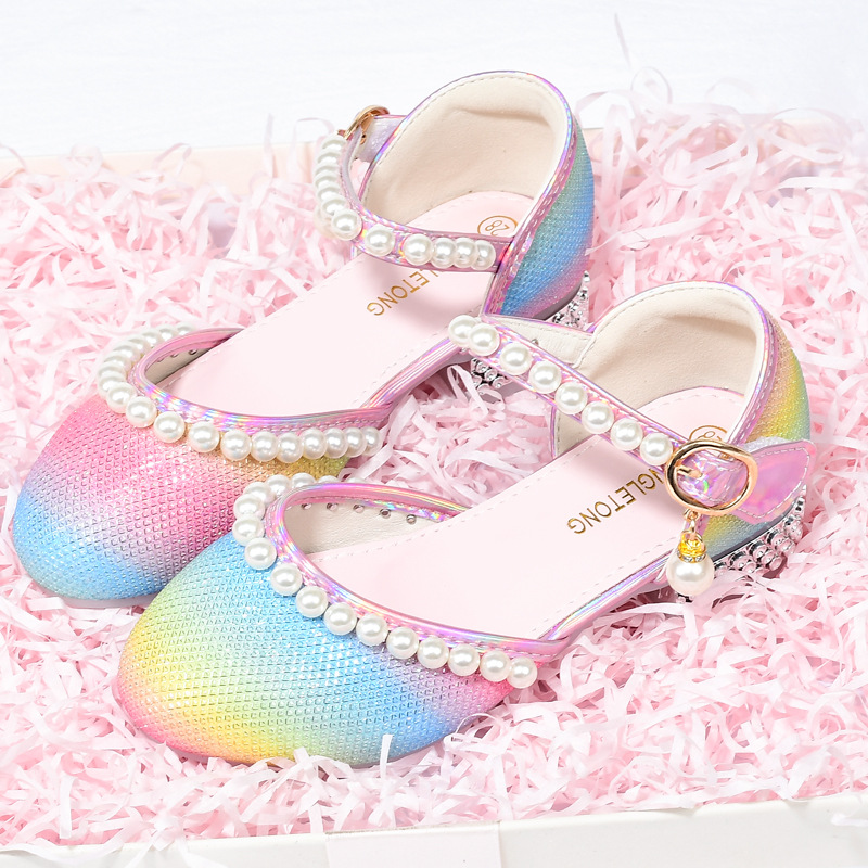 High-Heeled Soft-Soled Shoes, Rainbow Shoes, Girls' Princess Sandals, Four-Season New Girls' Shoes, Kidsren's Crystal Performance Leather Shoes