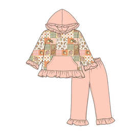欧美精品店婴幼儿童装批发新款橙色树叶女孩秋冬季长袖帽衫套装