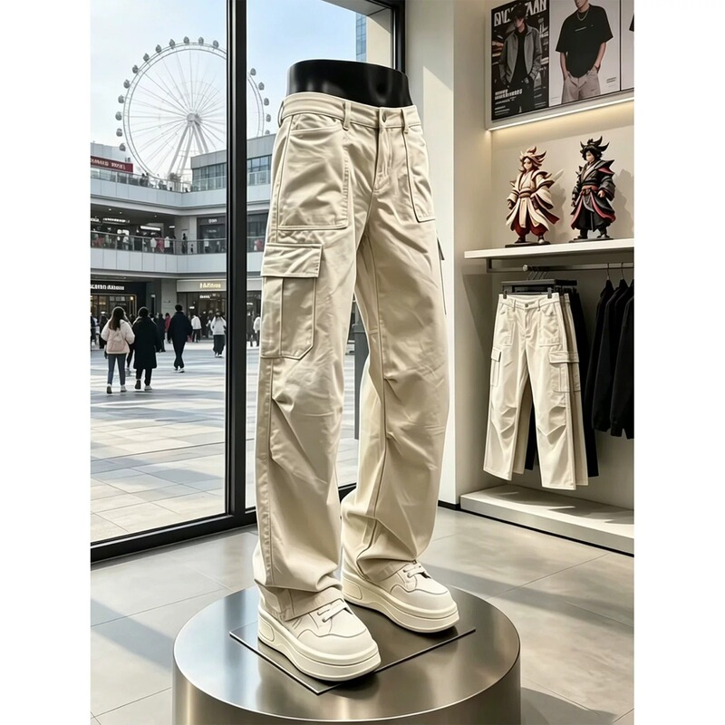 Apricot-Colored American-Style Paratrooper Workwear Jeans for Men, Summer Multi-Pocket Outdoor Functional Loose Straight-Leg Pants Apricot-Colored American-Style Paratrooper Workwear Jeans for Men, Summer Multi-Pocket Outdoor Functional Loose Straight-Leg Pants