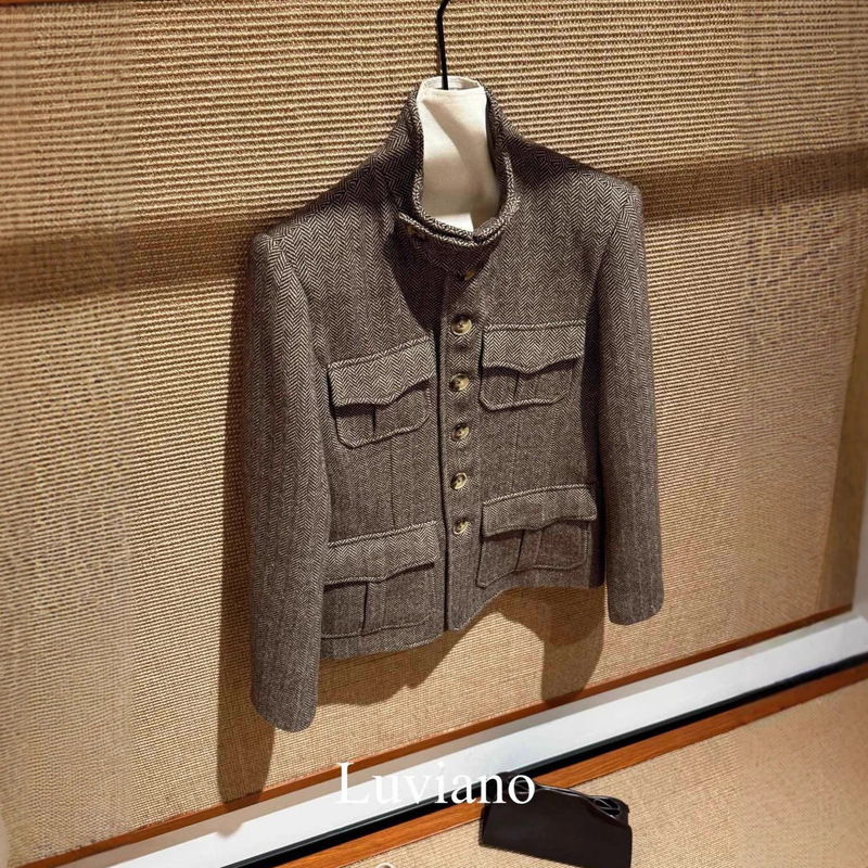 Shenzhen Nanyou 2025 New Autumn and Winter Rl Style Wool Herringbone Woolen Retro Jacket Outer Top