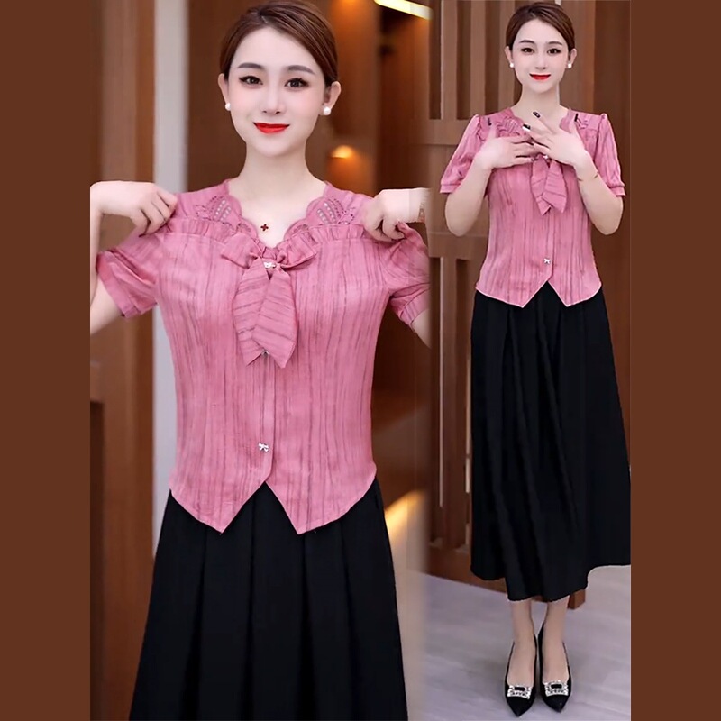 Fashion Short-Sleeve Shirt for Women 2025 Summer New Stylish Slim Versatile Age-Reducing Petite Bow Blouse Trendy