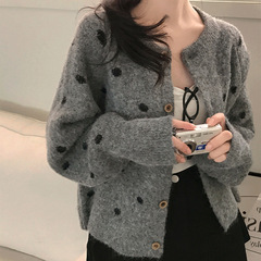 韩系甜美风波点撞色毛织排扣开衫外套宽松慵懒随性圆领少女感上衣