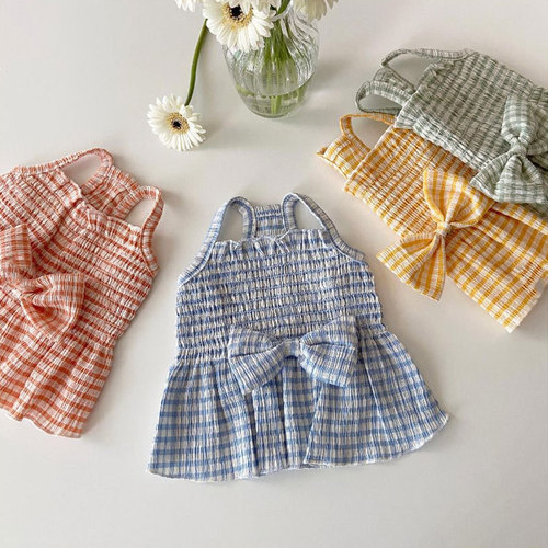 Bow pleated plaid dog skirt spring and summer cat two-legged dress princess style pet clothes wholesale