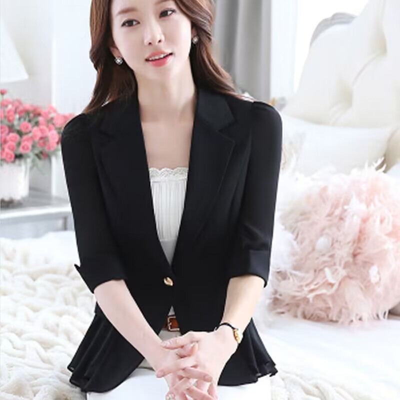 Spring, Autumn, and Summer New Style Short Slim-Fit Single-Button Chiffon Blazer with Seven-Quarter Sleeves and Ruffled Edges for Women