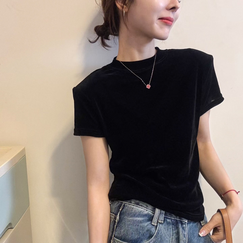 金丝绒正肩短袖T恤女2025早秋新款欧货女装修身内搭打底小衫上衣|undefined