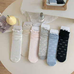 Ballet Style Sweet Bow Socks Women's Summer Thin Hollow-out Breathable Japanese Style Girl Style Wood-ear Mid-tube Socks