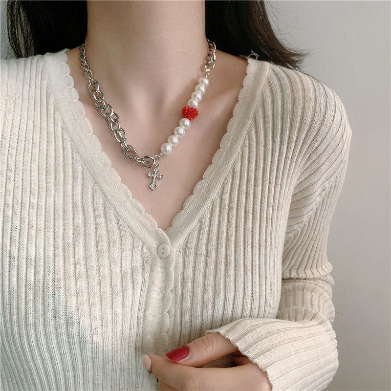 Fashion New Style Simple Cross Red Love Pearl Necklace display picture 11