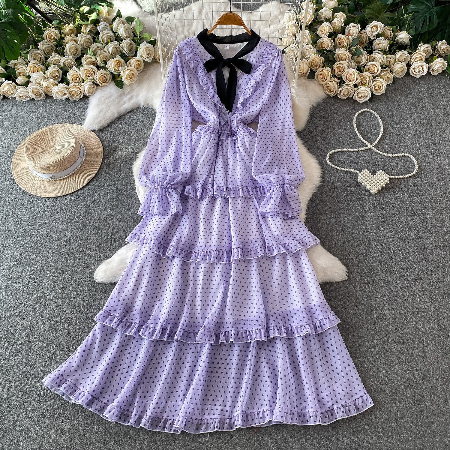 Women's French Sweet Color Block Bow V Neck Long Sleeve Dress Summer Polka Dot Ruffle Hem Elegant Long Skirt_ecoleips.com