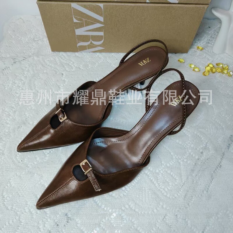 Za2025 Autum New Product Shallow Hollow Fashion High Heel Pointed Toe Black Brown Buckle Style Muller Fashion Women's Sandals