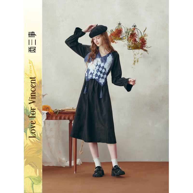 Van Gogh Art Windsor Past 2025 Winter New Printed Patchwork Tassel Tie Dress Van Gogh Art Windsor Past 2025 Winter New Printed Patchwork Tassel Tie Dress