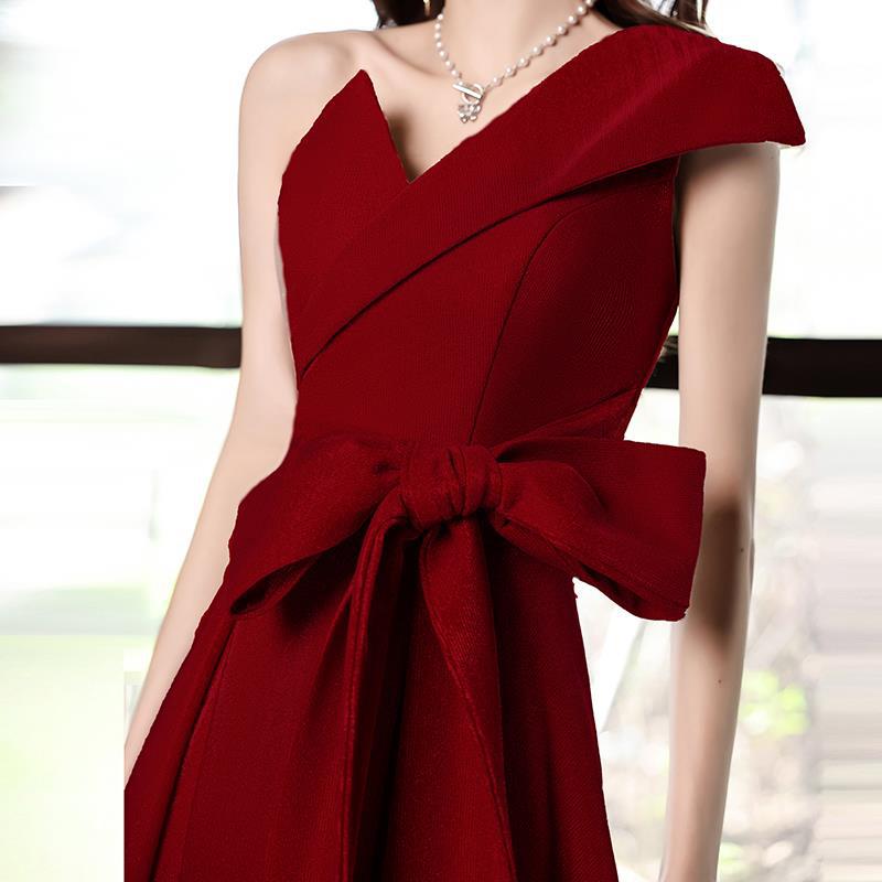 Vestido tostado novia vino rojo verano estilo de un hombro vestido largo orden boda de regreso a la puerta Gracias banquete vestido de noche