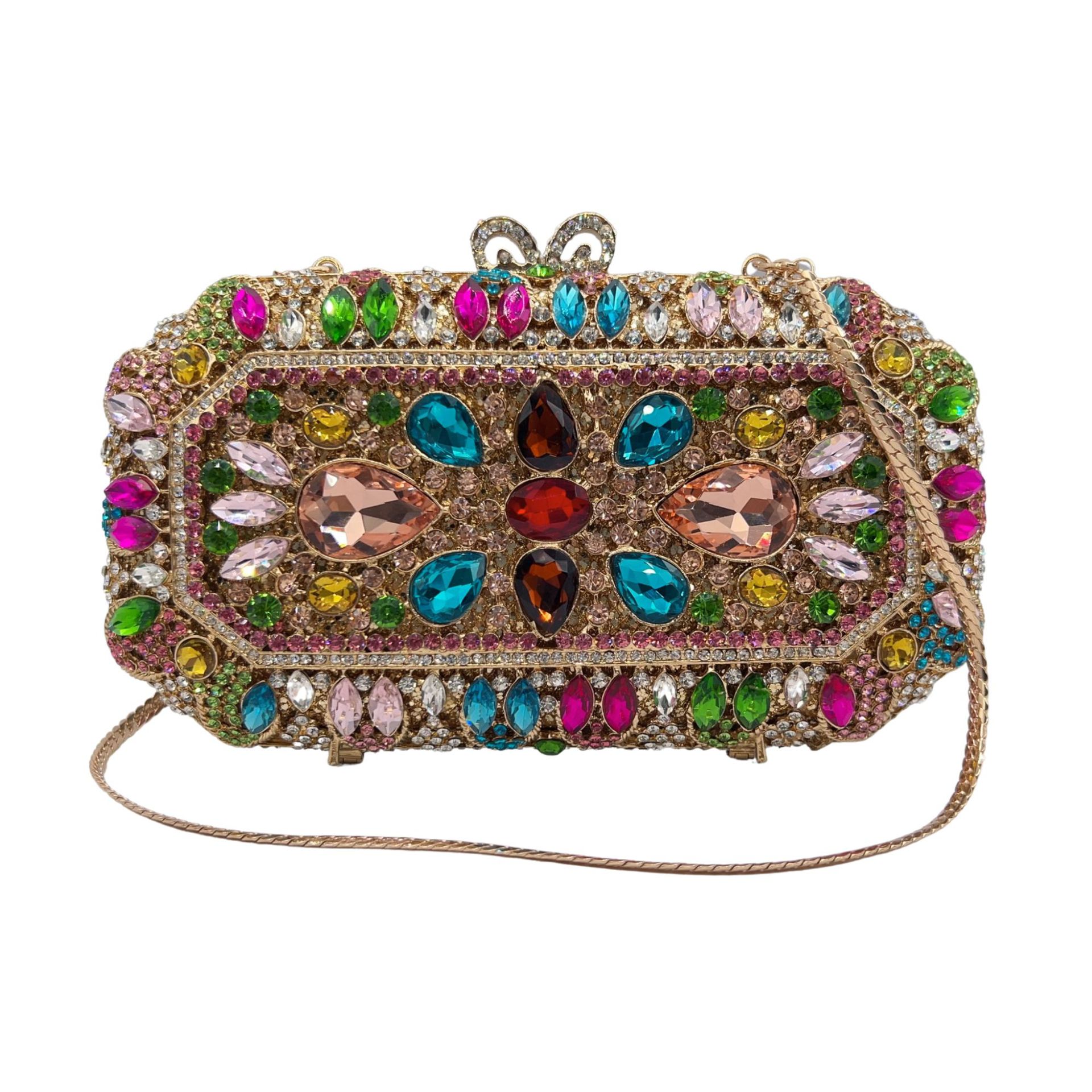 Túi clutch nữ dạ hội đính kim cương nhiều màu, thiết kế kim loại rỗng kiểu Âu Mỹ — Màu vàng kim, Bạc, Nền vàng kim cương trắng, Màu sâm panh chi tiết 1