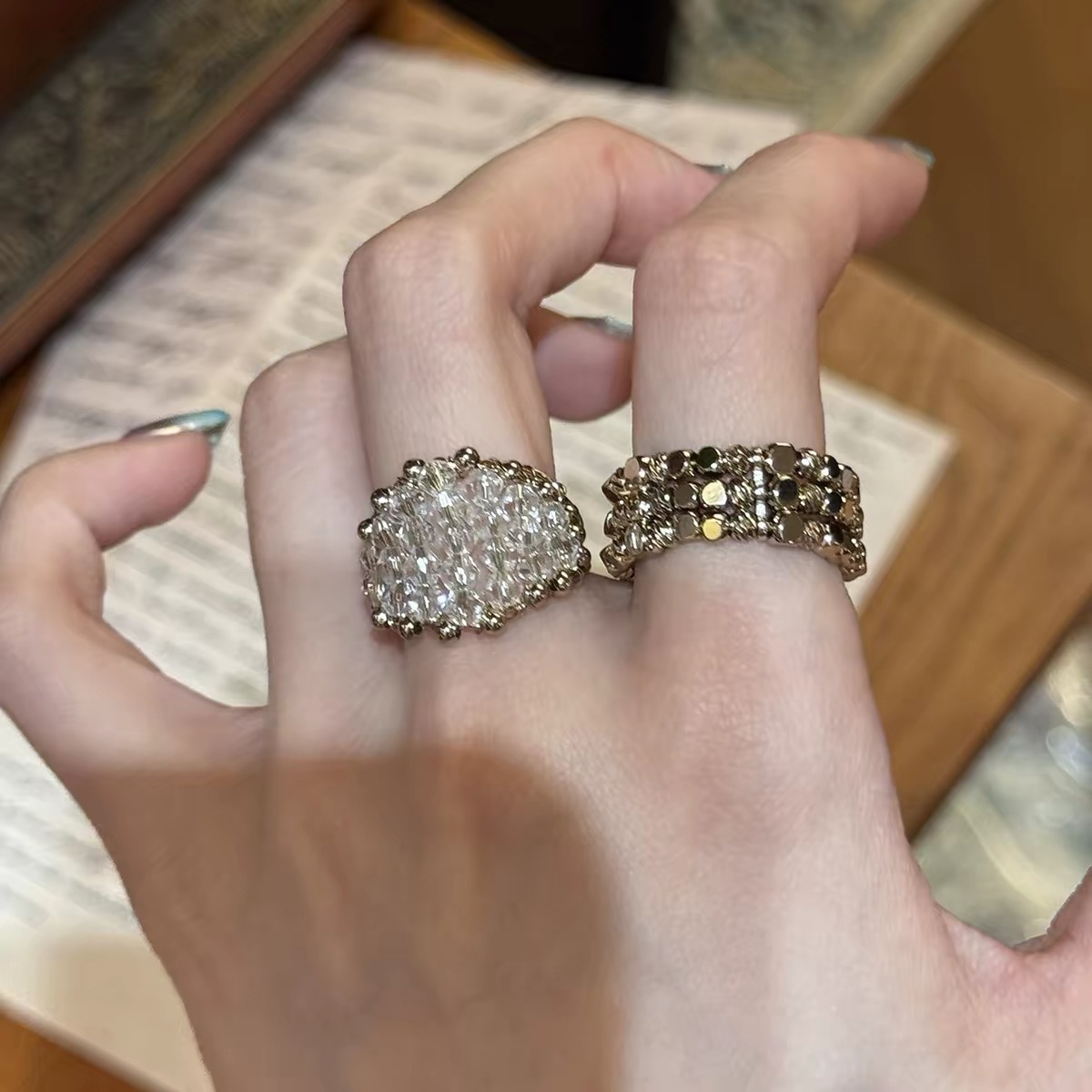 Vintage Coffee Gold Crystal Stackable Ring for Women, Light Luxury High-End Style, Adjustable Open Index Finger Ring