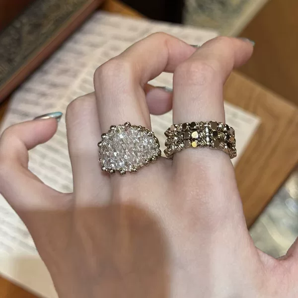 Vintage Coffee Gold Crystal Stackable Ring for Women, Light Luxury High-End Style, Adjustable Open Index Finger Ring