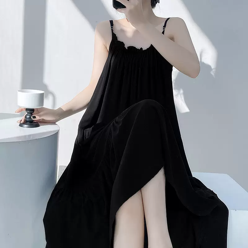 夏天睡裙女春秋季纯色性感时尚无袖吊带裙棉绸可外穿连衣裙绵绸裙