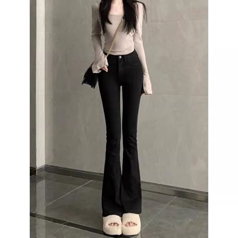 黑色微喇牛仔裤女春秋季2025新款小个子高腰显瘦修身微喇叭拖地裤