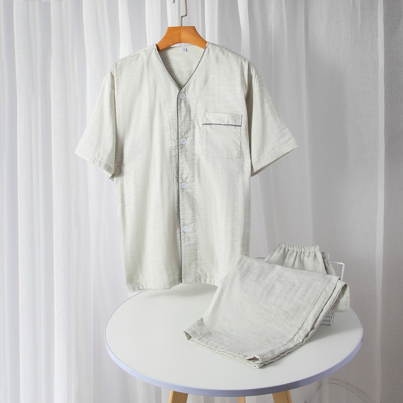 純棉雙層紗布睡衣男士無領全棉色織格子短袖七分褲家居服套裝