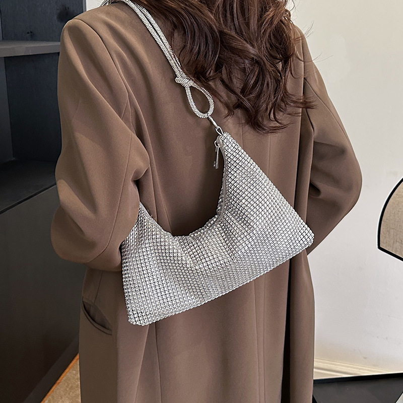 Ready Stock Cross-Border European & American Sparkling Rhinestone Zipper Knot Underarm Bag Crescent Shoulder Bag Women's Diamond Evening Bag - Thumbnail 4