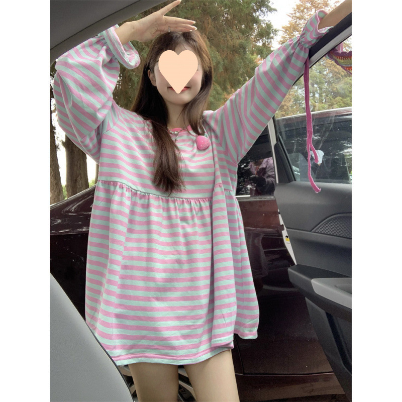 秋季2025新款甜美風撞色條紋立體莓寬鬆減齡長袖圓領連衣裙女潮