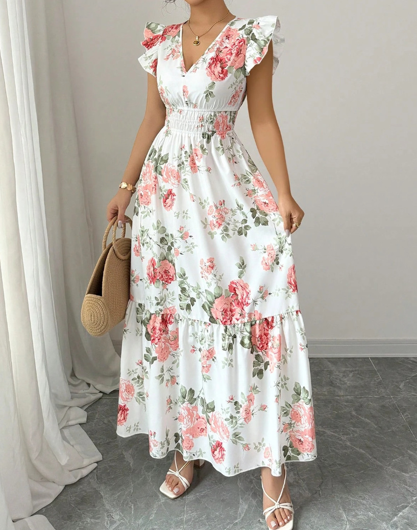 Women's Clothing Elegant Ladies Floral Print Hem Long Clothing_ecoleips.com