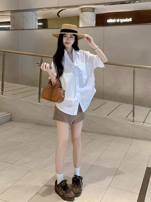 韩系设计感V领白色衬衫女装早秋新款老钱风宽松显瘦收腰百搭上衣|undefined