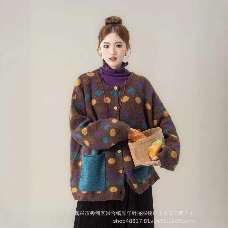 Cross-Border Spring and Autumn New Japanese Retro Loose Lazy Style Long-Sleeve Knitted Cardigan Jacket Colorful Polka Dot Sweater for Women Cross-Border Spring and Autumn New Japanese Retro Loose Lazy Style Long-Sleeve Knitted Cardigan Jacket Colorful Polka Dot Sweater for Women