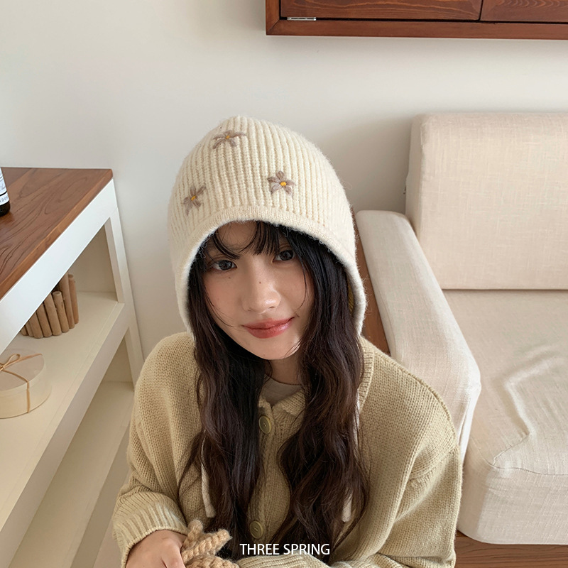 批发韩国2025年秋冬新款羊毛混纺花朵刺绣针织帽女韩系ins毛线帽|undefined