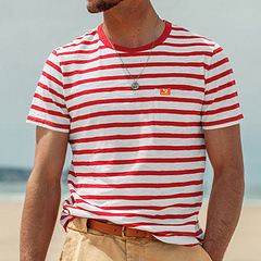 Estación independiente nuevo verano nuevo hombre de manga corta moda casual chaqueta a rayas camiseta de cuello redondo