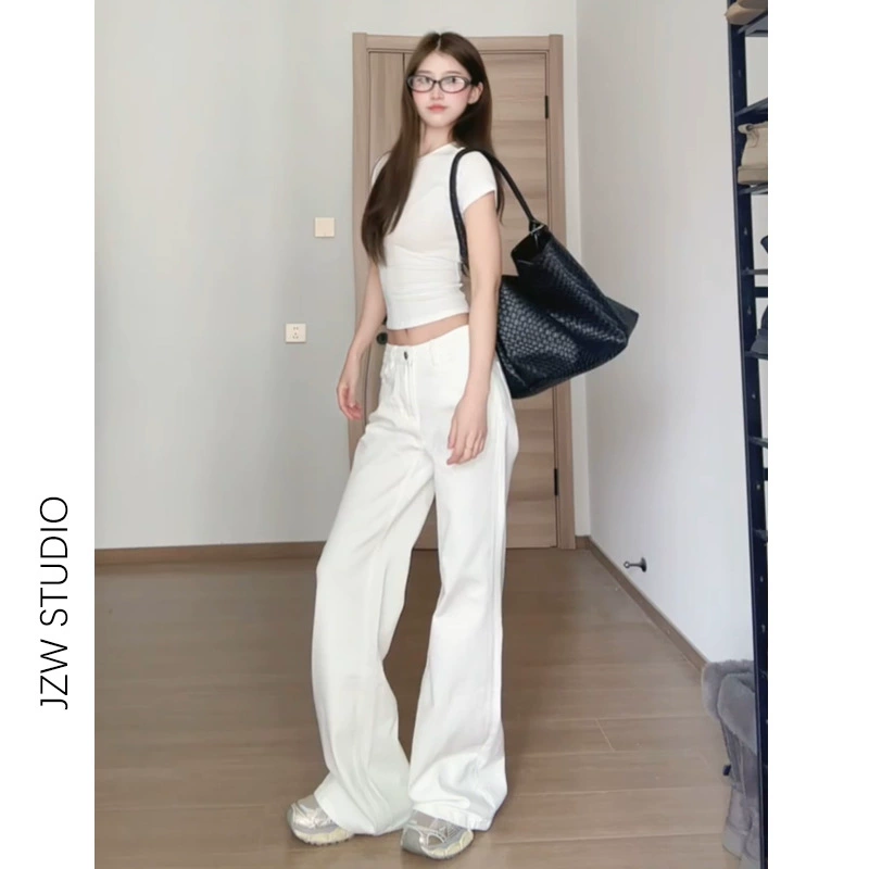 Белые эластичные летние джинсы, oversize плюс-размер, приталенный пояс, широкий крой