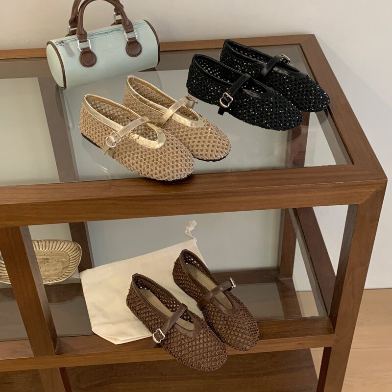 Pa Namene French Retro Woven Mary Jane Shoes for Women 2026 New Style One-Strap Hollow Breathable Flat Shoes