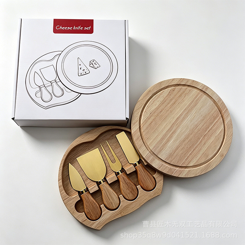 Caja de madera redonda de goma transfronteriza cuchillo de queso pizzeria pan snack platos de comidas occidentales cuchillo de queso conjunto bandeja