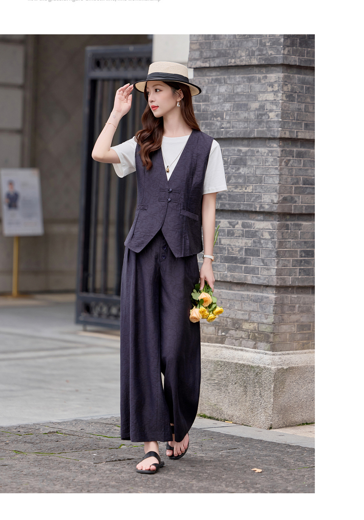 Bộ quần áo nữ hai mảnh gồm áo vest cổ V và quần ống rộng phối đồng bộ — Đỏ nâu, Xanh lông mòng đen chi tiết 16