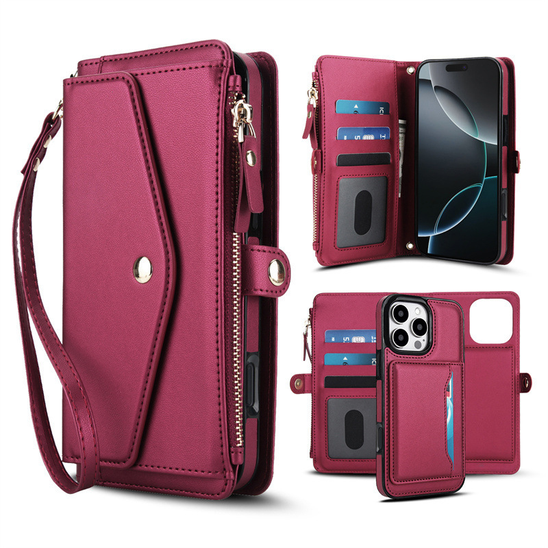 Suitable for Apple 16Pro Multifunctional Cross-Body Split Magnetic Phone Case Iphone13 14 15 Zipper Leather Case
