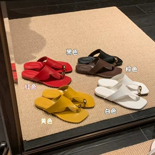 真皮~小金扣拖鞋女款夏外穿休闲方头套趾度假沙滩平底人字凉拖鞋