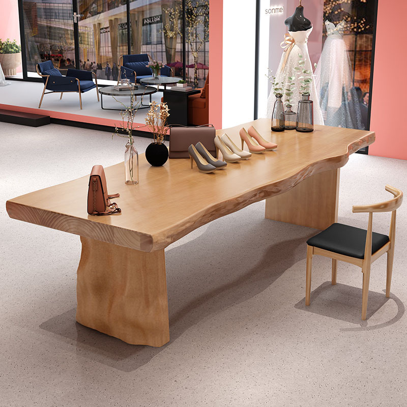 现代简约全实木茶桌 服装店自然边展示桌 茶室客厅实木茶桌椅组合