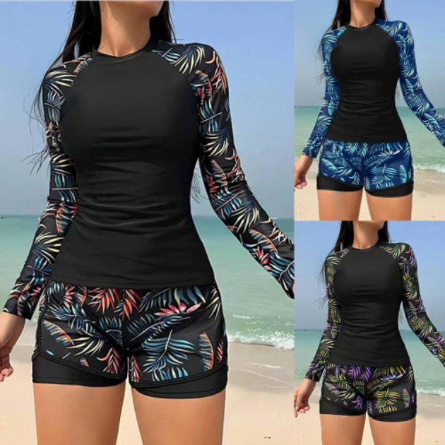 Cross-Border 2025 New European and American Printed Long-Sleeved Double-Layer Boxer Briefs Tankini Split Swimsuit Export Sexy Swimsuit